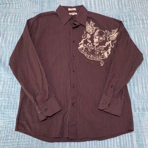 Eighth Avenue‎ Button Down Shirt Brown Pinstripe Skull Graphic Mens Large